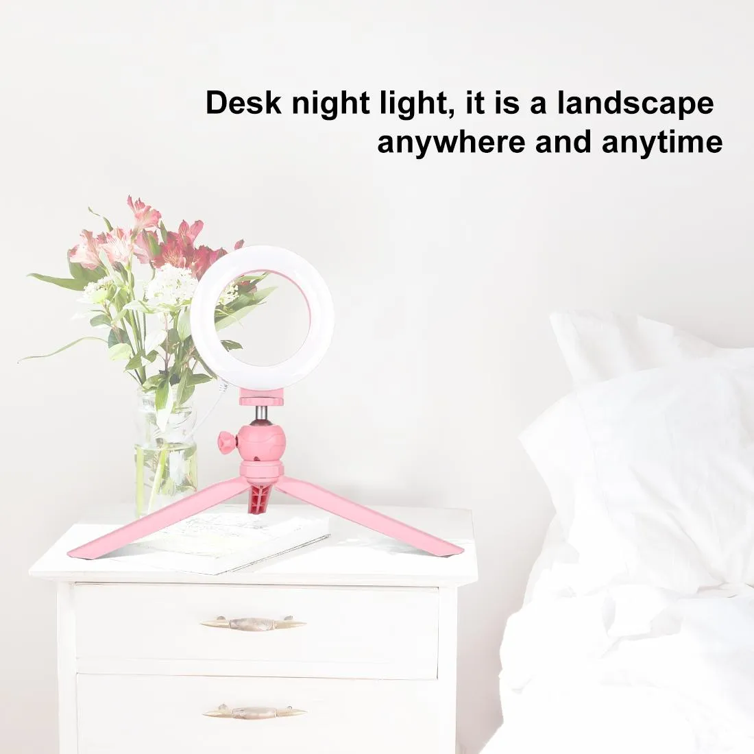 12cm LED Ring Light with USB | 3 Modes Dimmable | Cold Shoe Tripod Ball Head | Pink