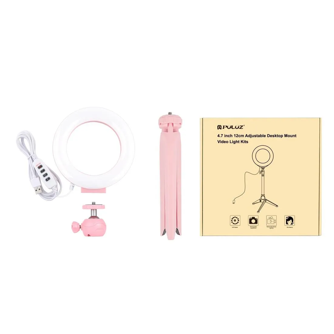 12cm LED Ring Light with USB | 3 Modes Dimmable | Cold Shoe Tripod Ball Head | Pink
