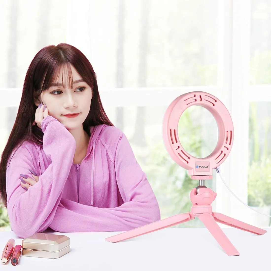 12cm LED Ring Light with USB | 3 Modes Dimmable | Cold Shoe Tripod Ball Head | Pink