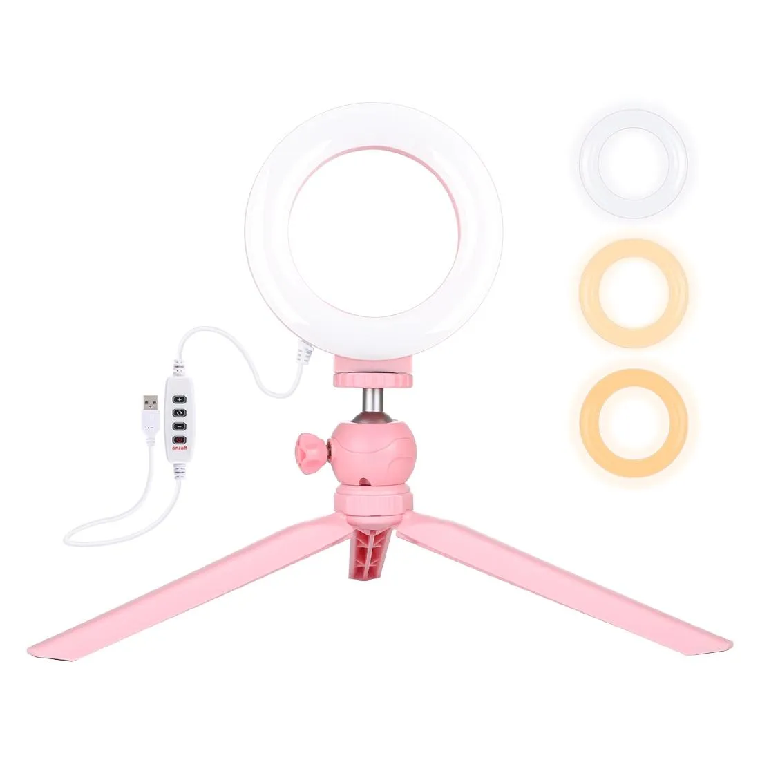 12cm LED Ring Light with USB | 3 Modes Dimmable | Cold Shoe Tripod Ball Head | Pink