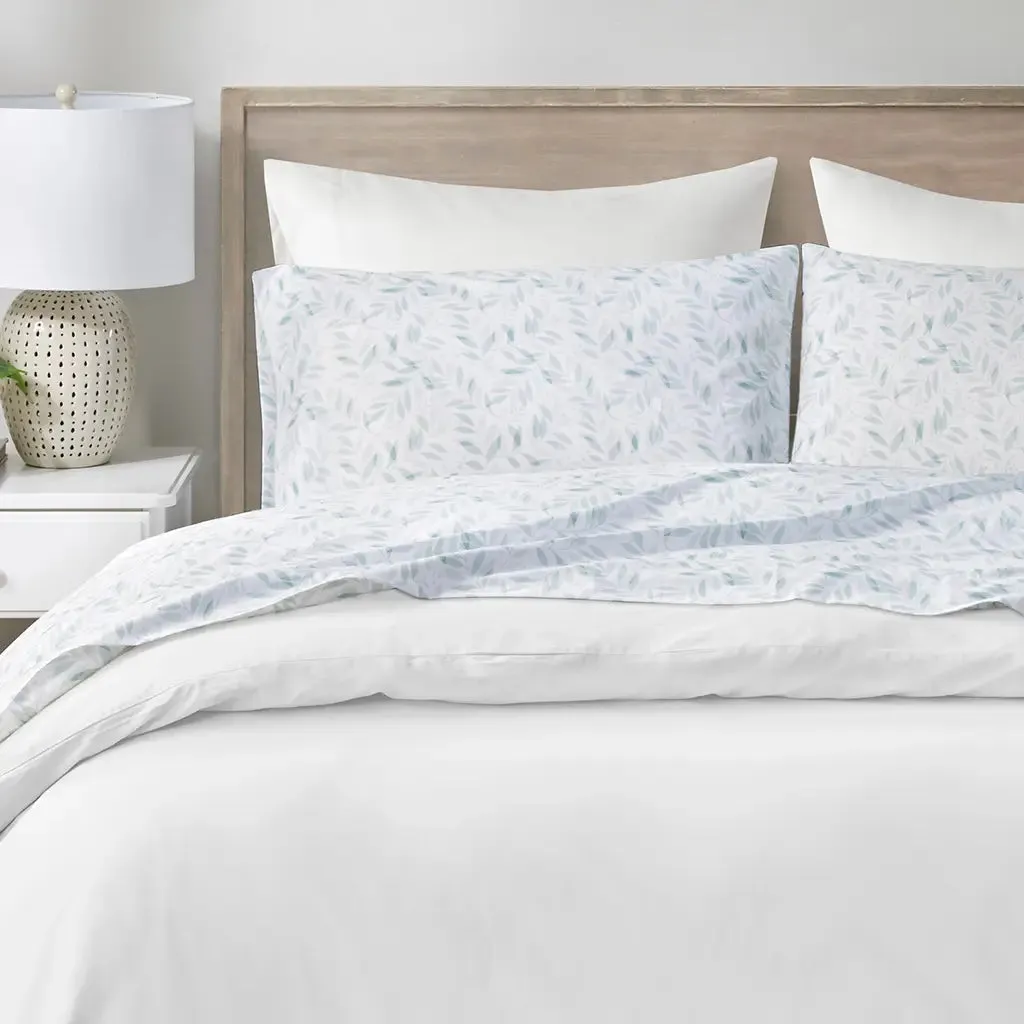 200Tc Cotton Percale Sheet Set, Green Spring Leaves