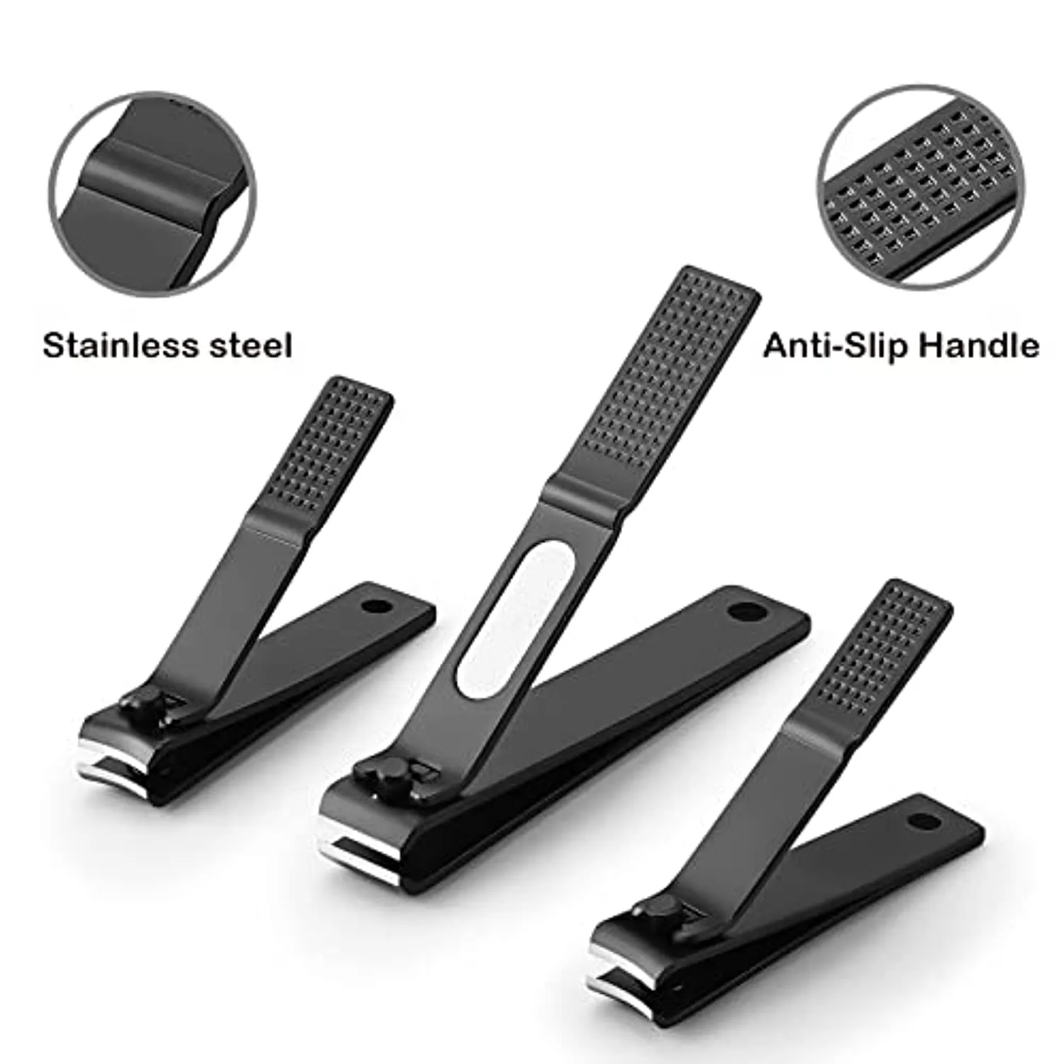 3 pieces nail clippers set, Ultra Sharp Sturdy black stainless Fingernail, Toenail Clipper Cutters (Straight & Curved)