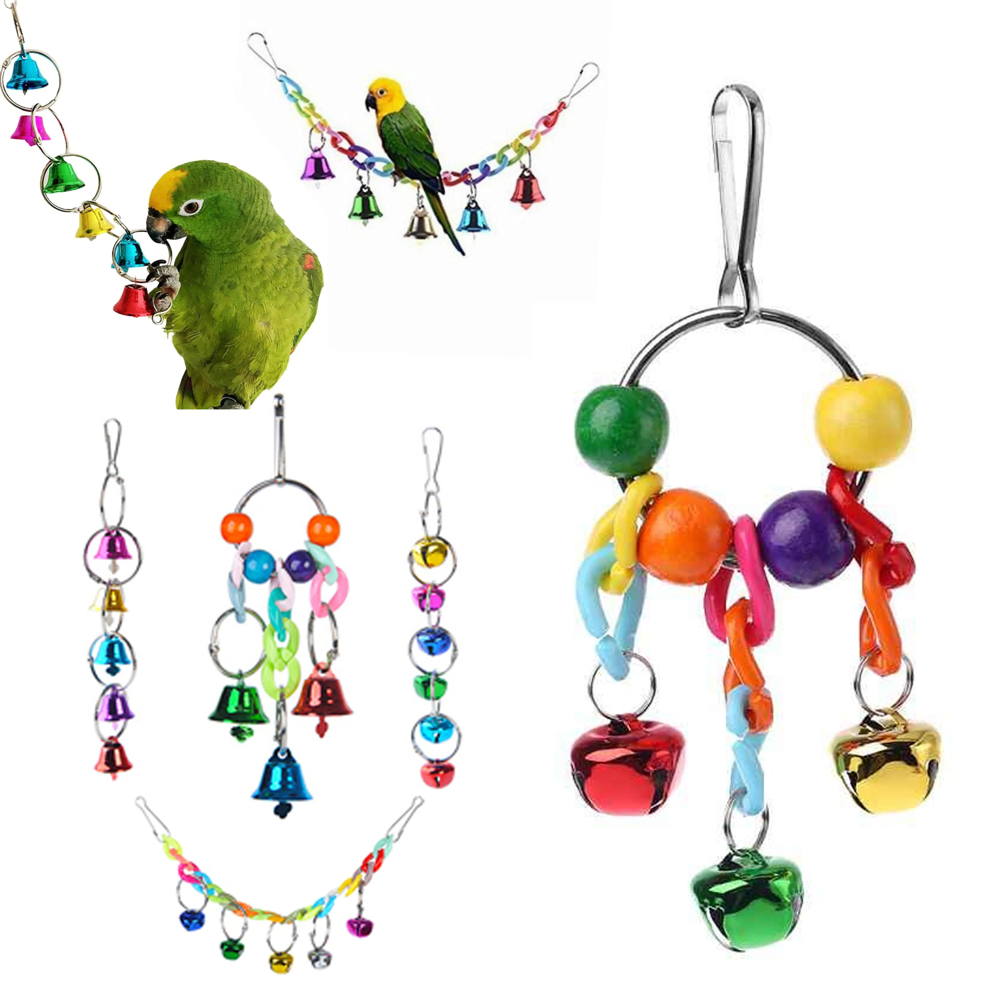 4 Pc Bird Bells Cage Accessories Hanging Swing Pet Parrot Chew Toys Colorful
