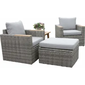 4 pc. Teak and Wicker Storage Seating Set with Ottomans