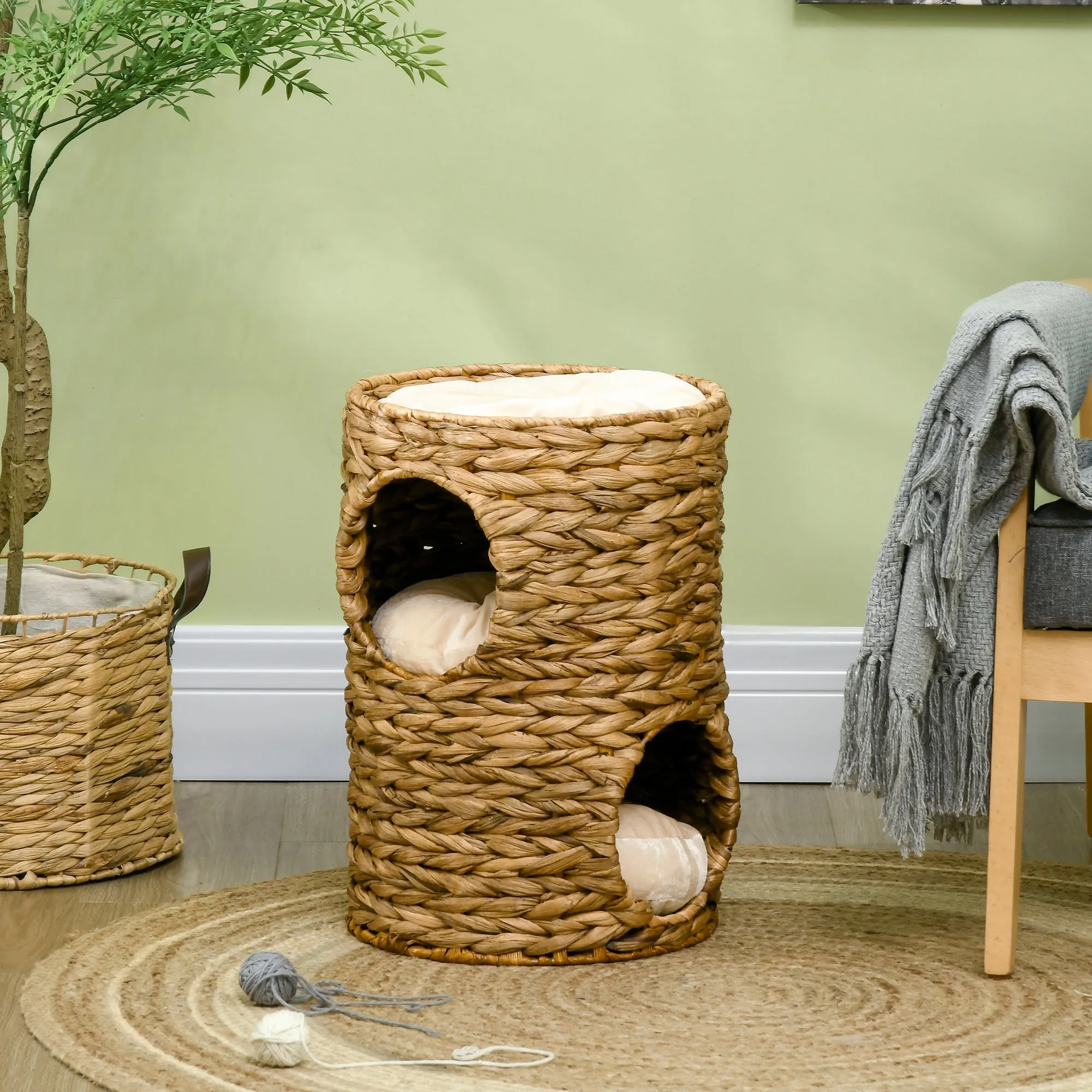 47cm Cat Barrel Tree for Indoor Cats with 2 Cat Houses, Kitten Tower with Cushion - Brown