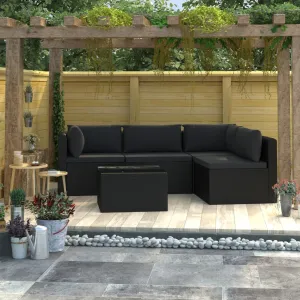 5 Piece Patio Lounge Set with Cushions Poly Rattan Black