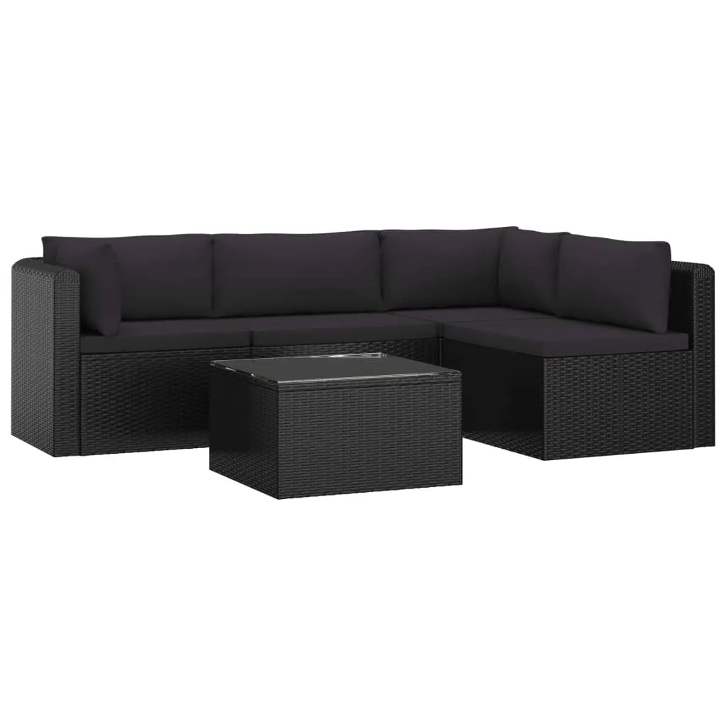 5 Piece Patio Lounge Set with Cushions Poly Rattan Black