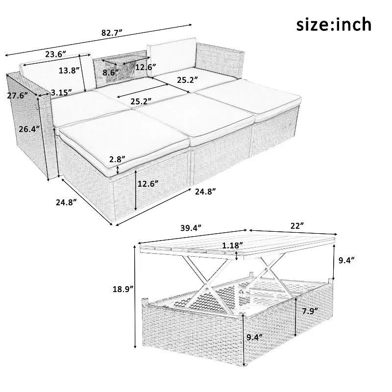 5-Piece Patio Wicker Sofa with Adustable
