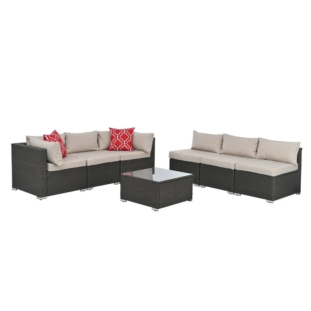 6-Seater Outdoor Patio Furniture Set with Cushions & Throw Pillows | Sturdy Metal Frame, UV-Resistant Wicker, Tempered Glass Table | Ideal for Poolside, Backyard, Garden | Water-Resistant Fabric | Easy Maintenance