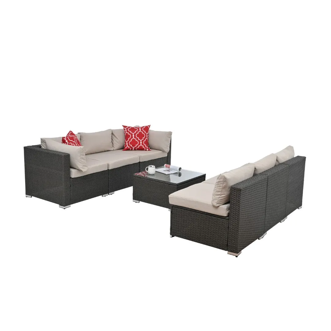 6-Seater Outdoor Patio Furniture Set with Cushions & Throw Pillows | Sturdy Metal Frame, UV-Resistant Wicker, Tempered Glass Table | Ideal for Poolside, Backyard, Garden | Water-Resistant Fabric | Easy Maintenance