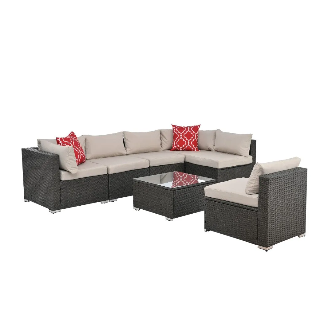 6-Seater Outdoor Patio Furniture Set with Cushions & Throw Pillows | Sturdy Metal Frame, UV-Resistant Wicker, Tempered Glass Table | Ideal for Poolside, Backyard, Garden | Water-Resistant Fabric | Easy Maintenance