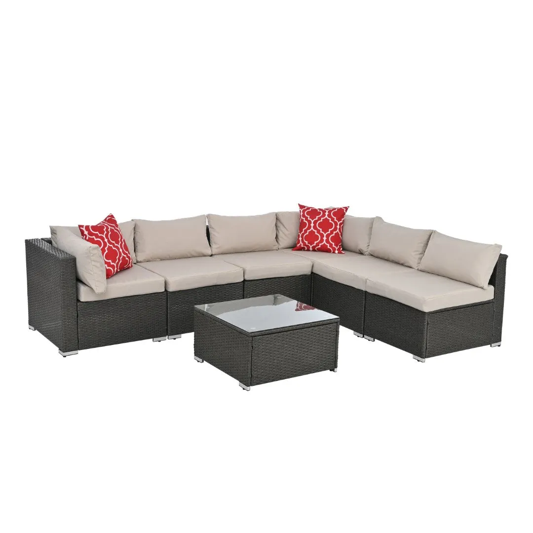 6-Seater Outdoor Patio Furniture Set with Cushions & Throw Pillows | Sturdy Metal Frame, UV-Resistant Wicker, Tempered Glass Table | Ideal for Poolside, Backyard, Garden | Water-Resistant Fabric | Easy Maintenance