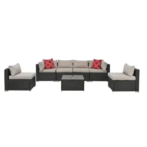 6-Seater Outdoor Patio Furniture Set with Cushions & Throw Pillows | Sturdy Metal Frame, UV-Resistant Wicker, Tempered Glass Table | Ideal for Poolside, Backyard, Garden | Water-Resistant Fabric | Easy Maintenance