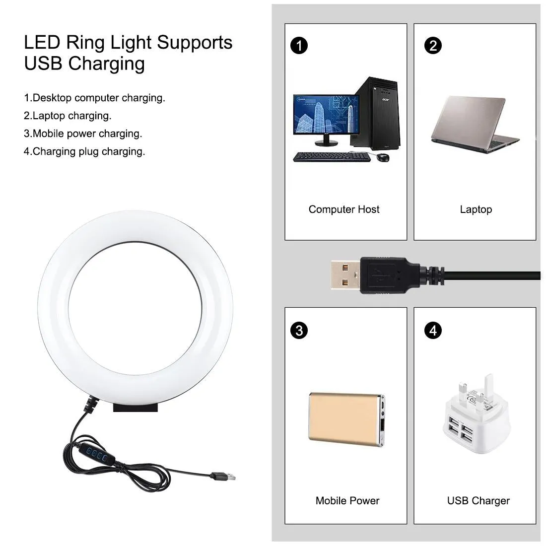 6.2" LED Ring Light with USB 3 Modes Dimmable | Vlogging, Photography, Video Pocket Tripod Mount | Cold Shoe Ball Head | Black