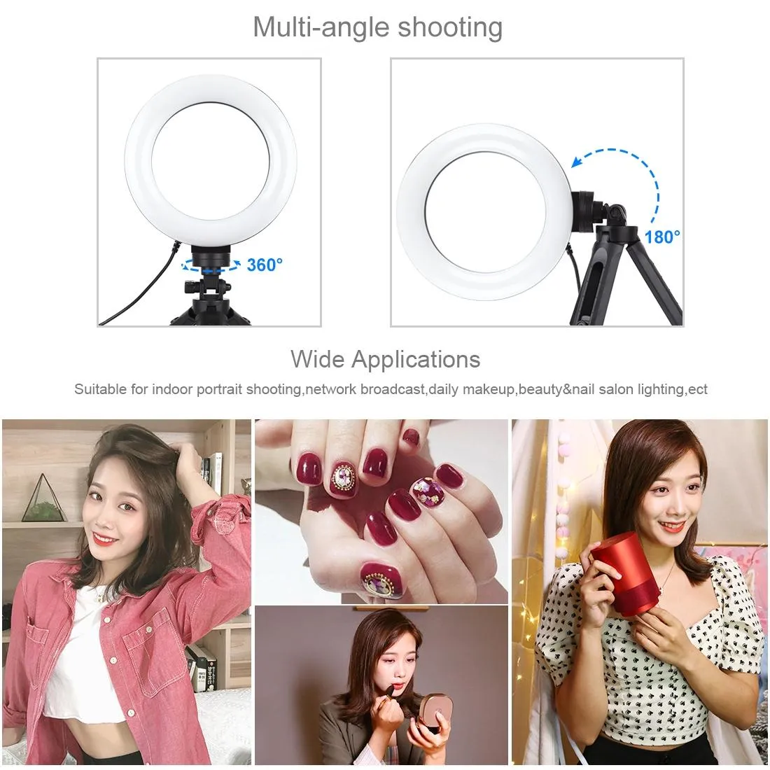 6.2" LED Ring Light with USB 3 Modes Dimmable | Vlogging, Photography, Video Pocket Tripod Mount | Cold Shoe Ball Head | Black