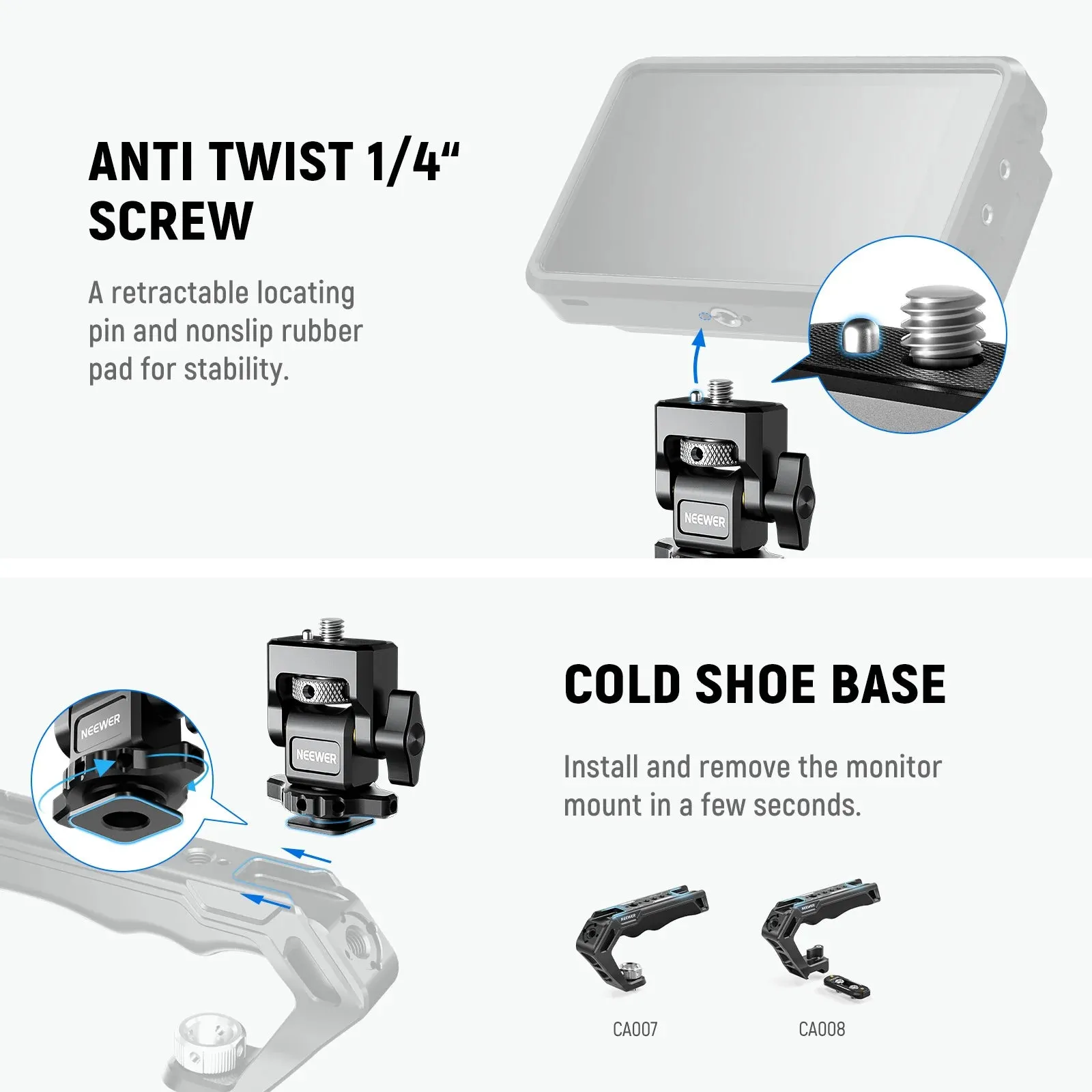 Adjustable Dslr Monitor Mount with Cold Shoe & 1/4 Screw Anti Twist Design