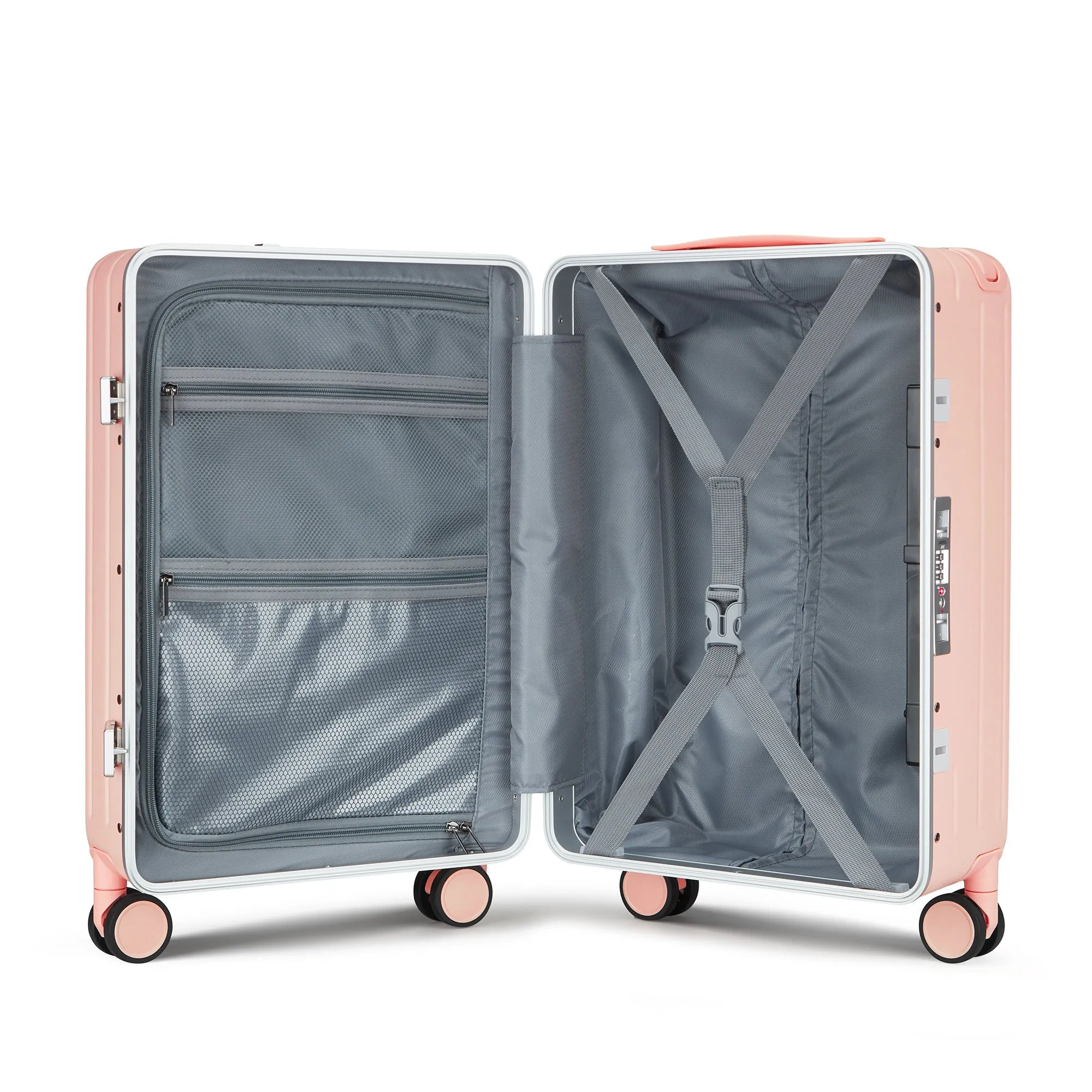 Aluminum Frame 20 Inch with Front Open Carry-on Luggage, PC Hard Shell Suitcase, Bounce Wide Handle Pull Rod Luggage with 360Double Wheels, Built-In TSA Lock, Airline Approved Suitcase for Business