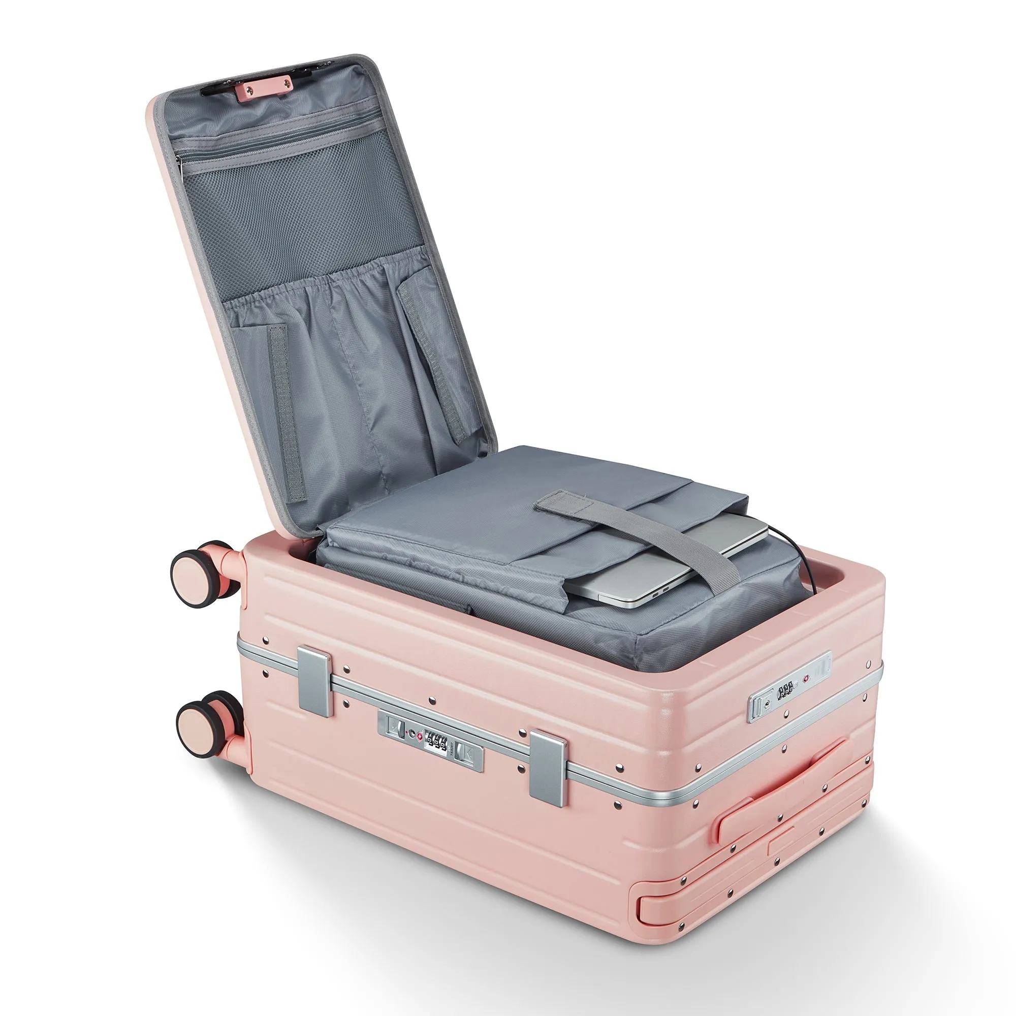 Aluminum Frame 20 Inch with Front Open Carry-on Luggage, PC Hard Shell Suitcase, Bounce Wide Handle Pull Rod Luggage with 360Double Wheels, Built-In TSA Lock, Airline Approved Suitcase for Business