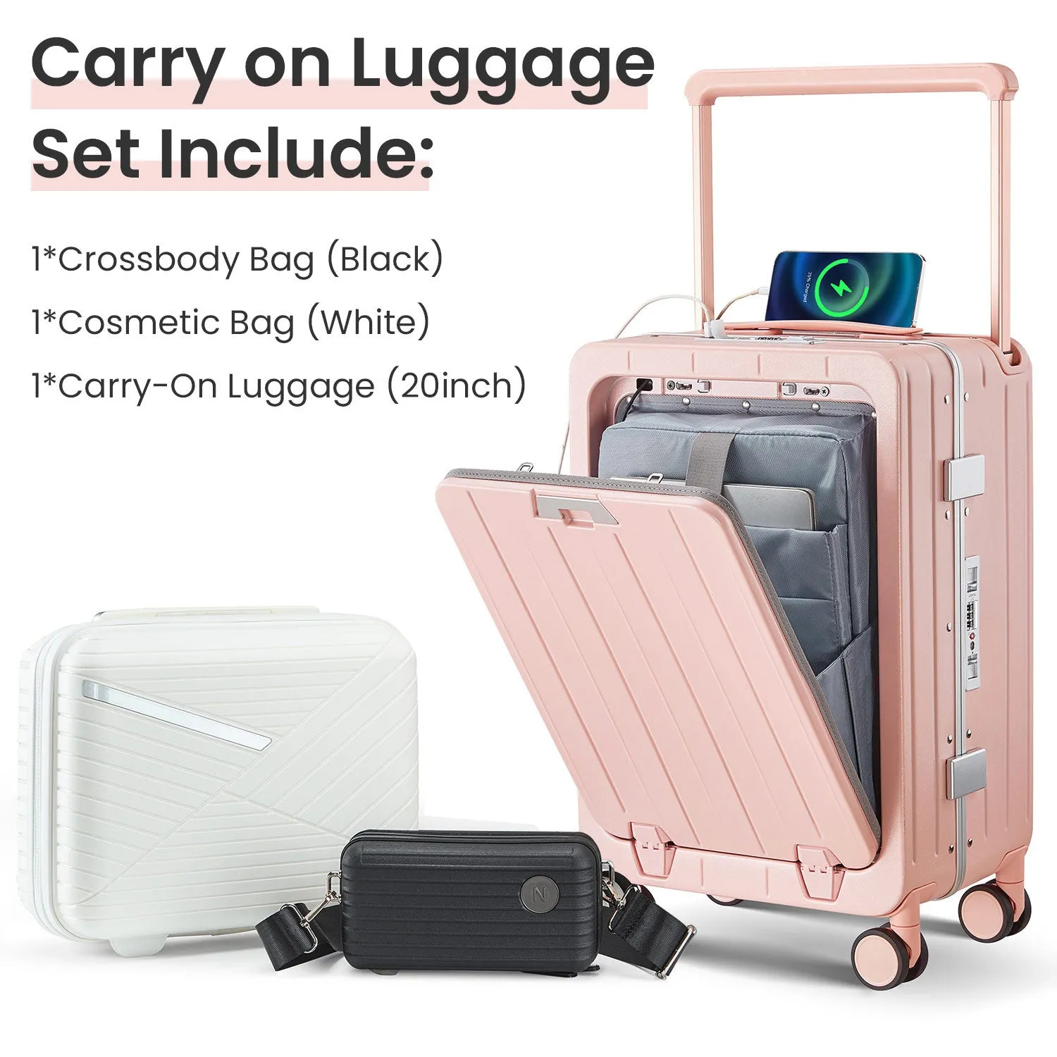 Aluminum Frame 20 Inch with Front Open Carry-on Luggage, PC Hard Shell Suitcase, Bounce Wide Handle Pull Rod Luggage with 360Double Wheels, Built-In TSA Lock, Airline Approved Suitcase for Business