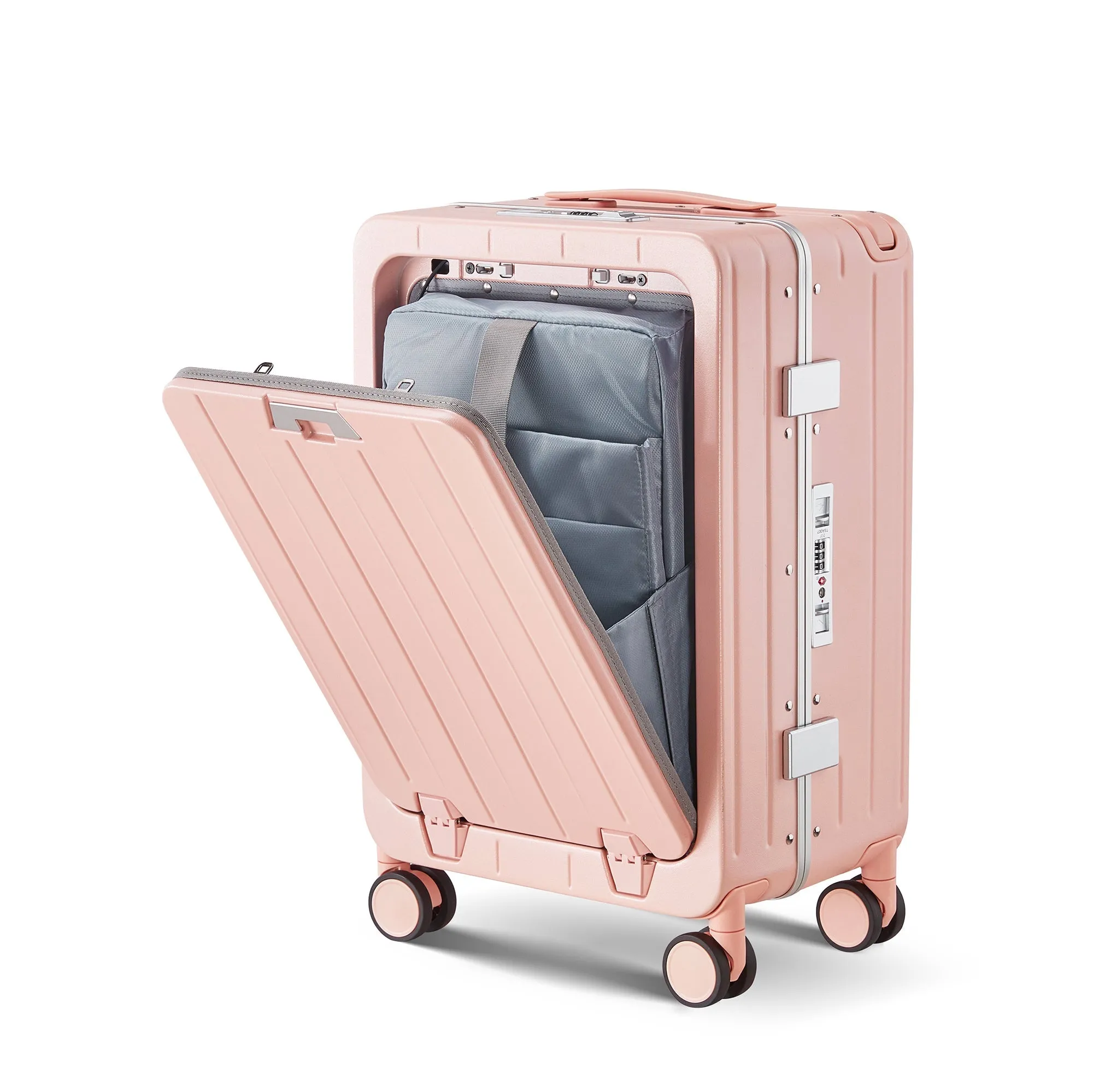 Aluminum Frame 20 Inch with Front Open Carry-on Luggage, PC Hard Shell Suitcase, Bounce Wide Handle Pull Rod Luggage with 360Double Wheels, Built-In TSA Lock, Airline Approved Suitcase for Business