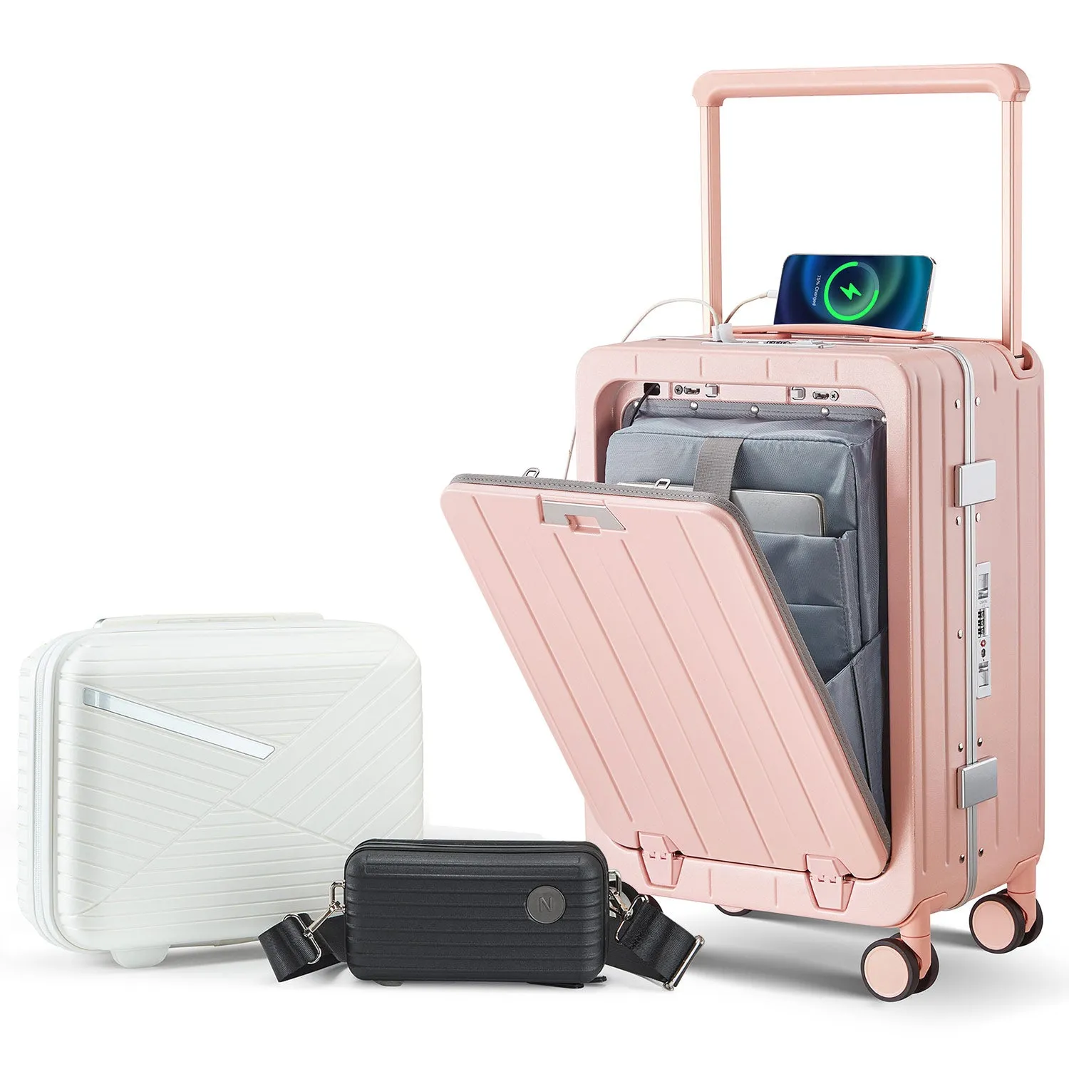 Aluminum Frame 20 Inch with Front Open Carry-on Luggage, PC Hard Shell Suitcase, Bounce Wide Handle Pull Rod Luggage with 360Double Wheels, Built-In TSA Lock, Airline Approved Suitcase for Business