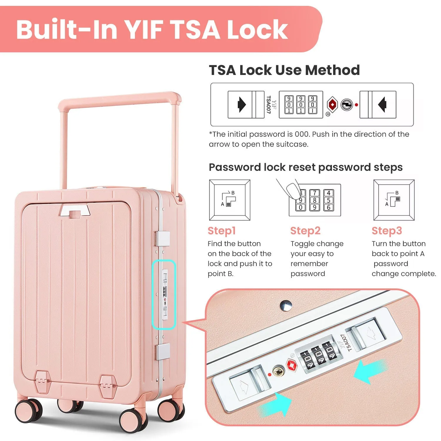 Aluminum Frame 20 Inch with Front Open Carry-on Luggage, PC Hard Shell Suitcase, Bounce Wide Handle Pull Rod Luggage with 360Double Wheels, Built-In TSA Lock, Airline Approved Suitcase for Business