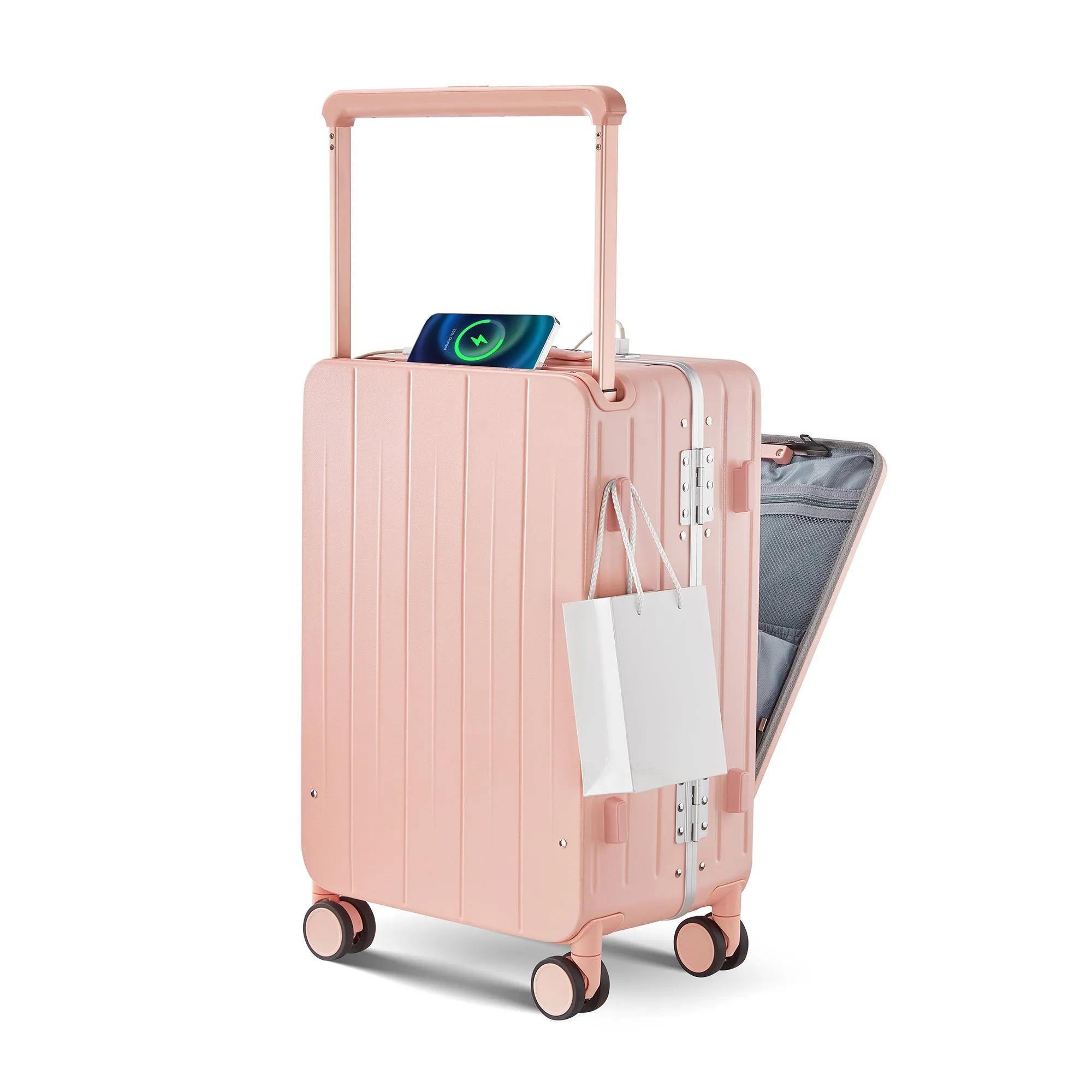 Aluminum Frame 20 Inch with Front Open Carry-on Luggage, PC Hard Shell Suitcase, Bounce Wide Handle Pull Rod Luggage with 360Double Wheels, Built-In TSA Lock, Airline Approved Suitcase for Business