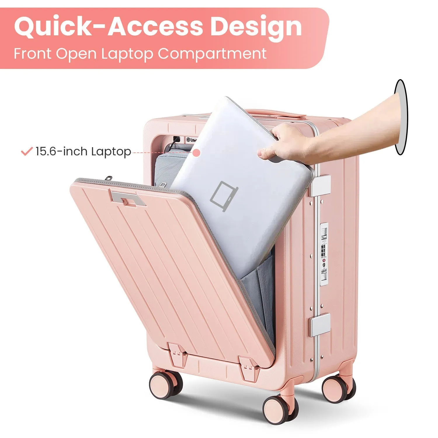 Aluminum Frame 20 Inch with Front Open Carry-on Luggage, PC Hard Shell Suitcase, Bounce Wide Handle Pull Rod Luggage with 360Double Wheels, Built-In TSA Lock, Airline Approved Suitcase for Business