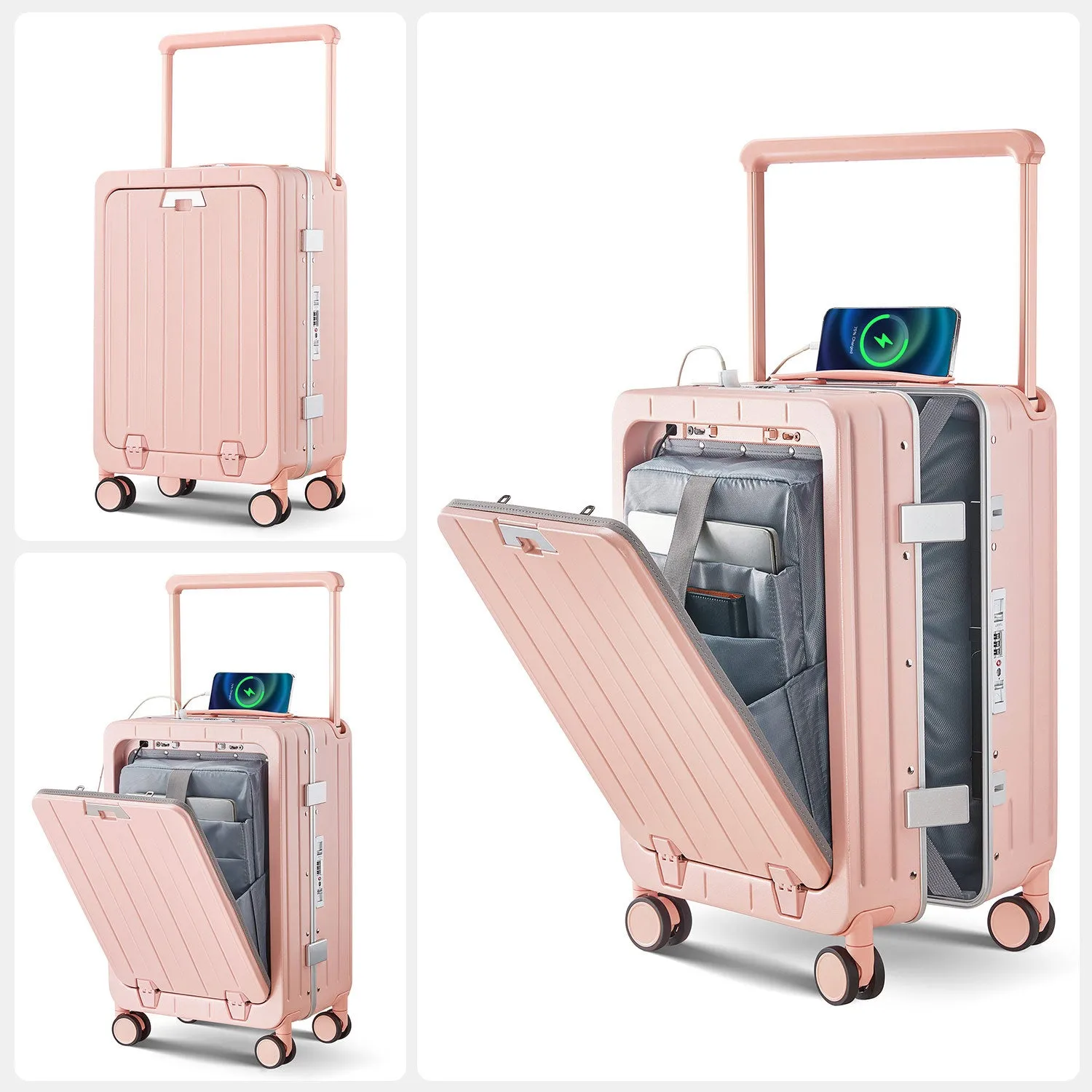 Aluminum Frame 20 Inch with Front Open Carry-on Luggage, PC Hard Shell Suitcase, Bounce Wide Handle Pull Rod Luggage with 360Double Wheels, Built-In TSA Lock, Airline Approved Suitcase for Business