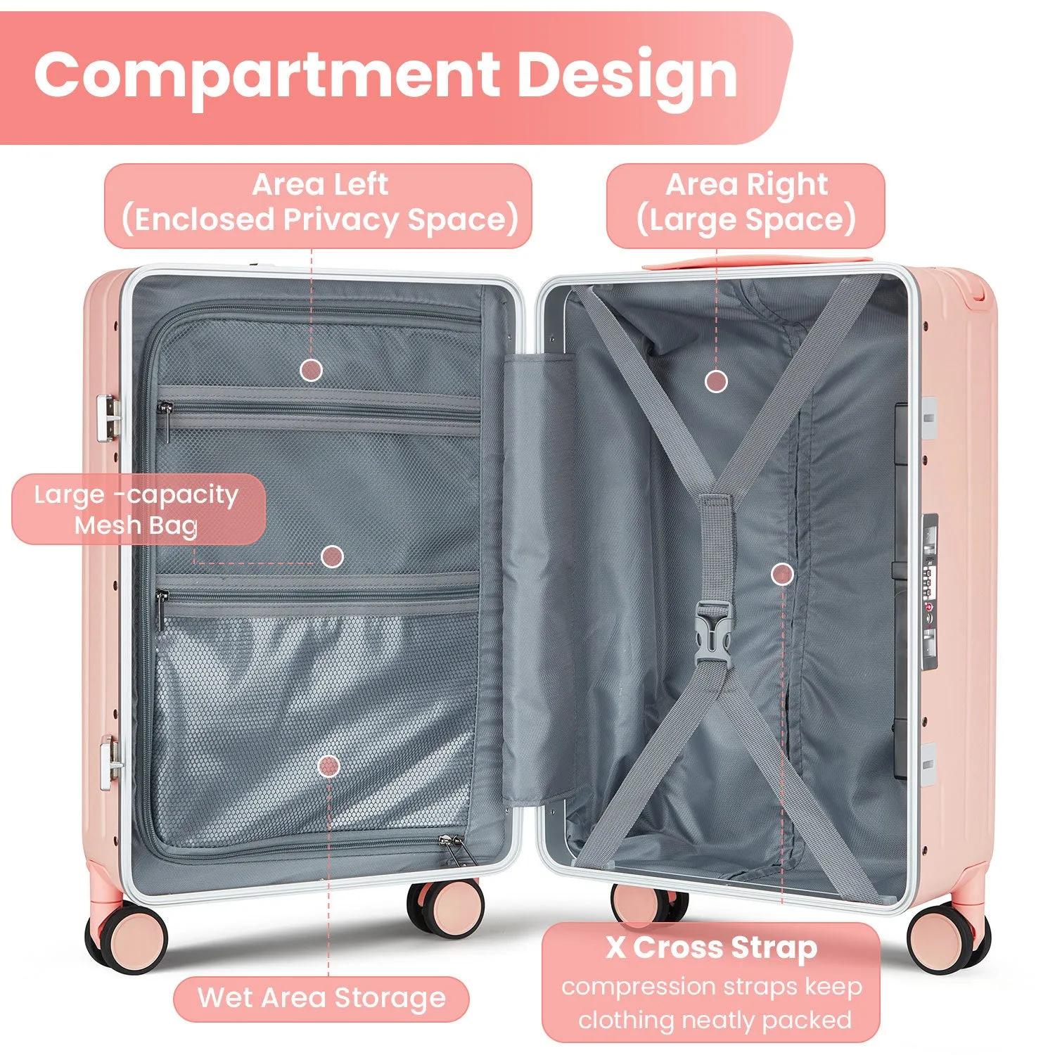 Aluminum Frame 20 Inch with Front Open Carry-on Luggage, PC Hard Shell Suitcase, Bounce Wide Handle Pull Rod Luggage with 360Double Wheels, Built-In TSA Lock, Airline Approved Suitcase for Business