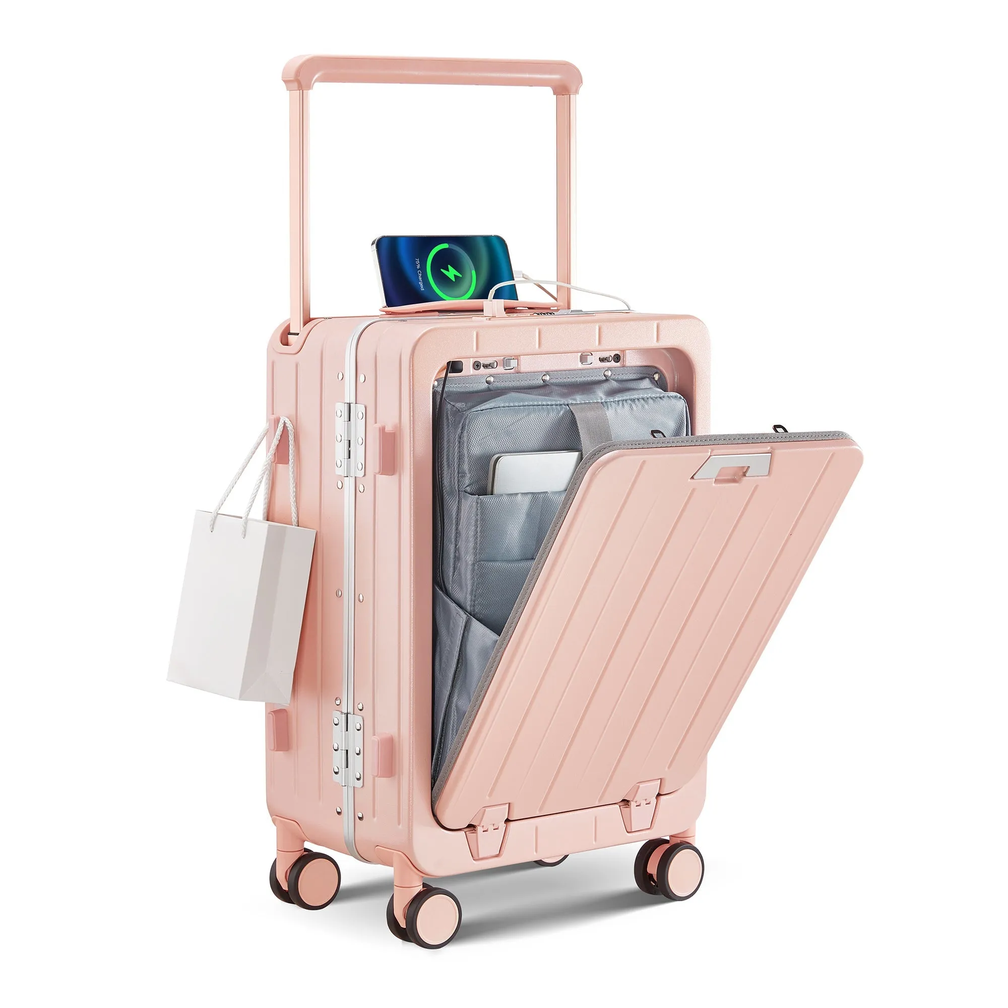 Aluminum Frame 20 Inch with Front Open Carry-on Luggage, PC Hard Shell Suitcase, Bounce Wide Handle Pull Rod Luggage with 360Double Wheels, Built-In TSA Lock, Airline Approved Suitcase for Business