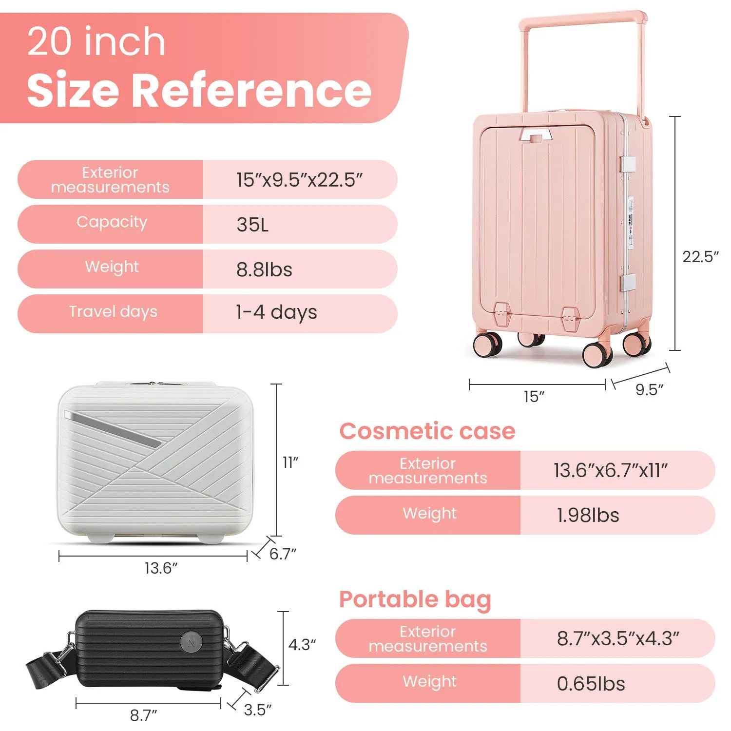 Aluminum Frame 20 Inch with Front Open Carry-on Luggage, PC Hard Shell Suitcase, Bounce Wide Handle Pull Rod Luggage with 360Double Wheels, Built-In TSA Lock, Airline Approved Suitcase for Business