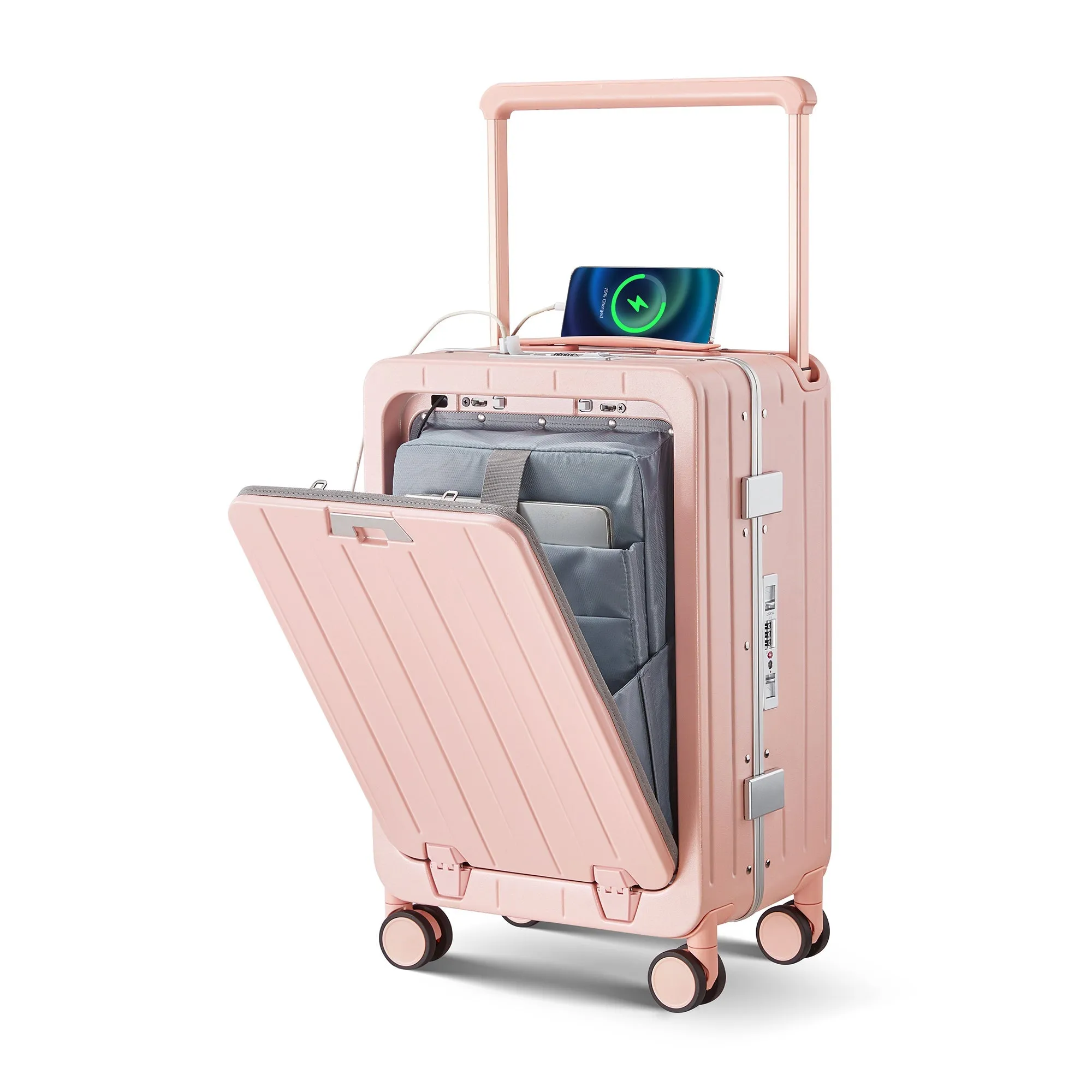 Aluminum Frame 20 Inch with Front Open Carry-on Luggage, PC Hard Shell Suitcase, Bounce Wide Handle Pull Rod Luggage with 360Double Wheels, Built-In TSA Lock, Airline Approved Suitcase for Business