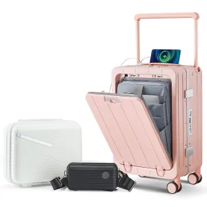 Aluminum Frame 20 Inch with Front Open Carry-on Luggage, PC Hard Shell Suitcase, Bounce Wide Handle Pull Rod Luggage with 360Double Wheels, Built-In TSA Lock, Airline Approved Suitcase for Business