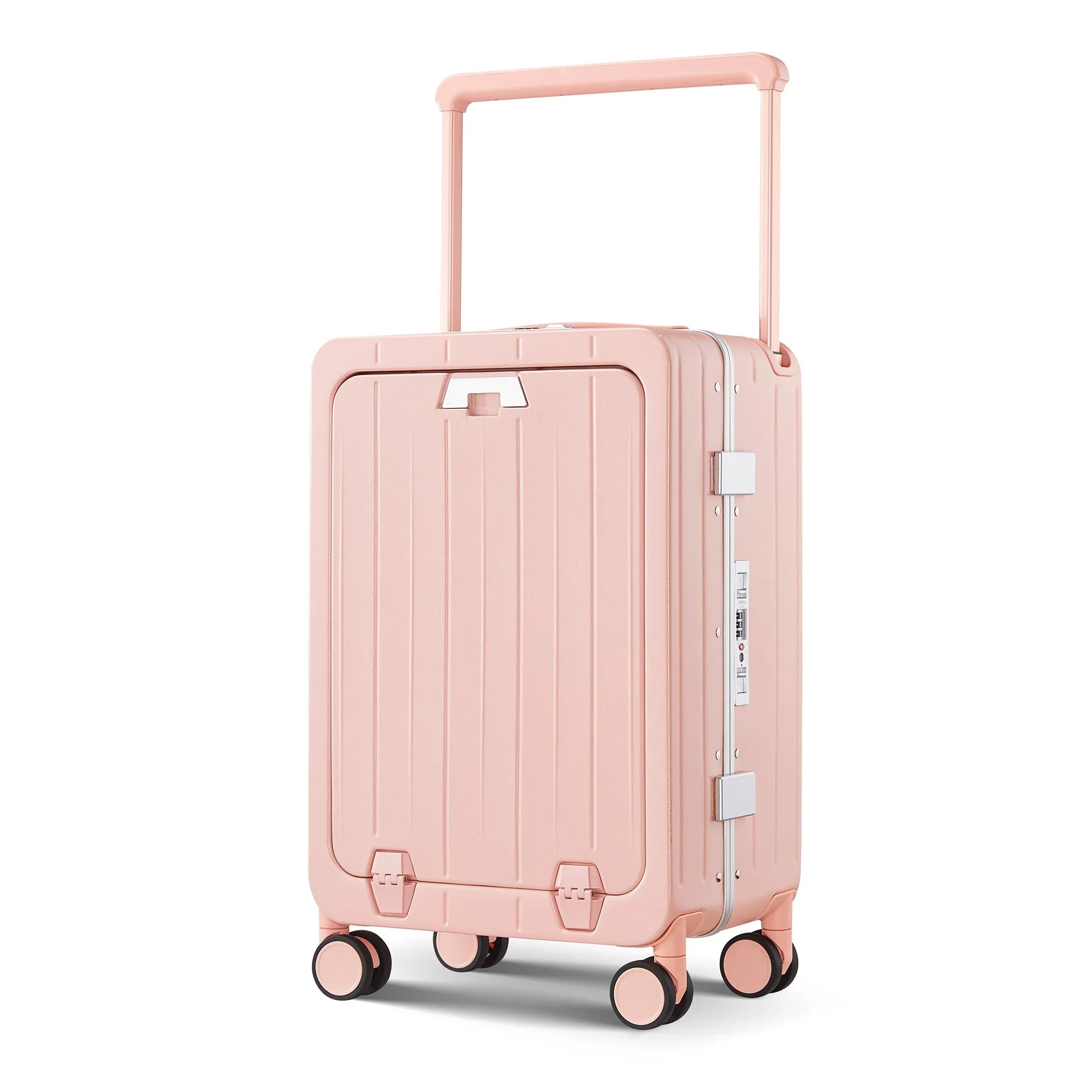 Aluminum Frame 20 Inch with Front Open Carry-on Luggage, PC Hard Shell Suitcase, Bounce Wide Handle Pull Rod Luggage with 360Double Wheels, Built-In TSA Lock, Airline Approved Suitcase for Business