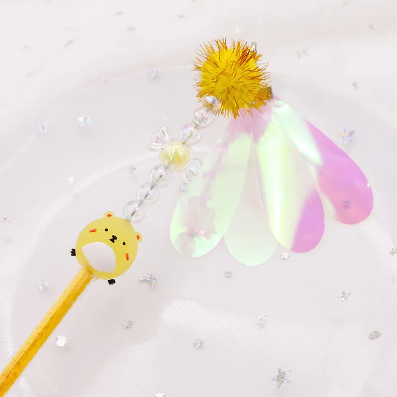Cute Bear Wand Cat Teaser Toy with Iridescent Wings and Bells
