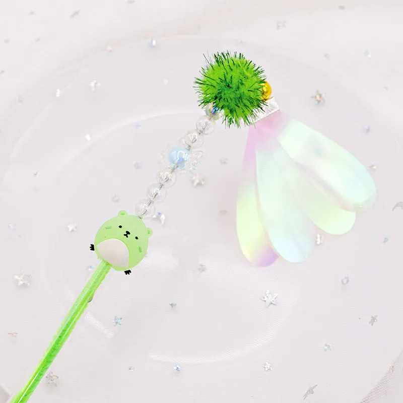 Cute Bear Wand Cat Teaser Toy with Iridescent Wings and Bells