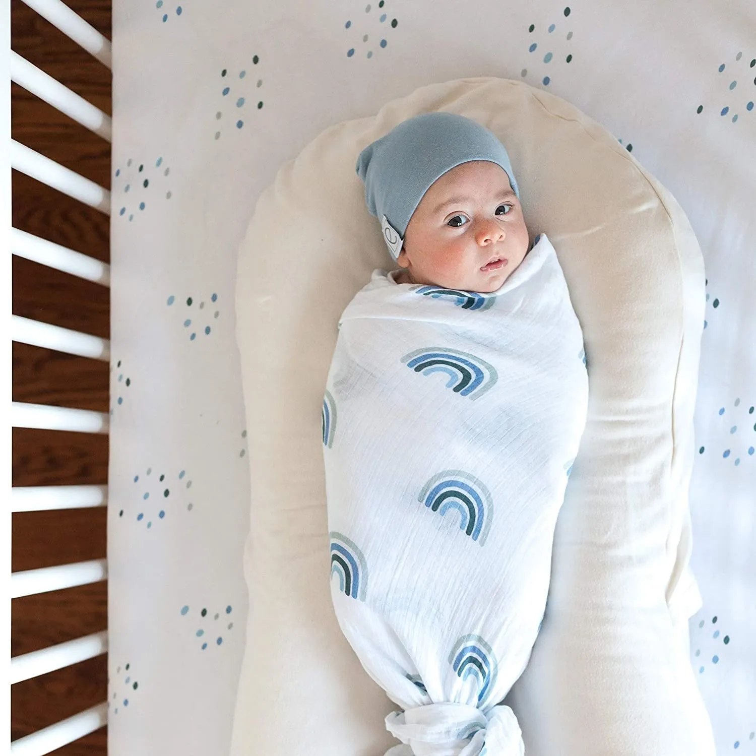Four Piece Baby Crib Set - Blue Rainbow