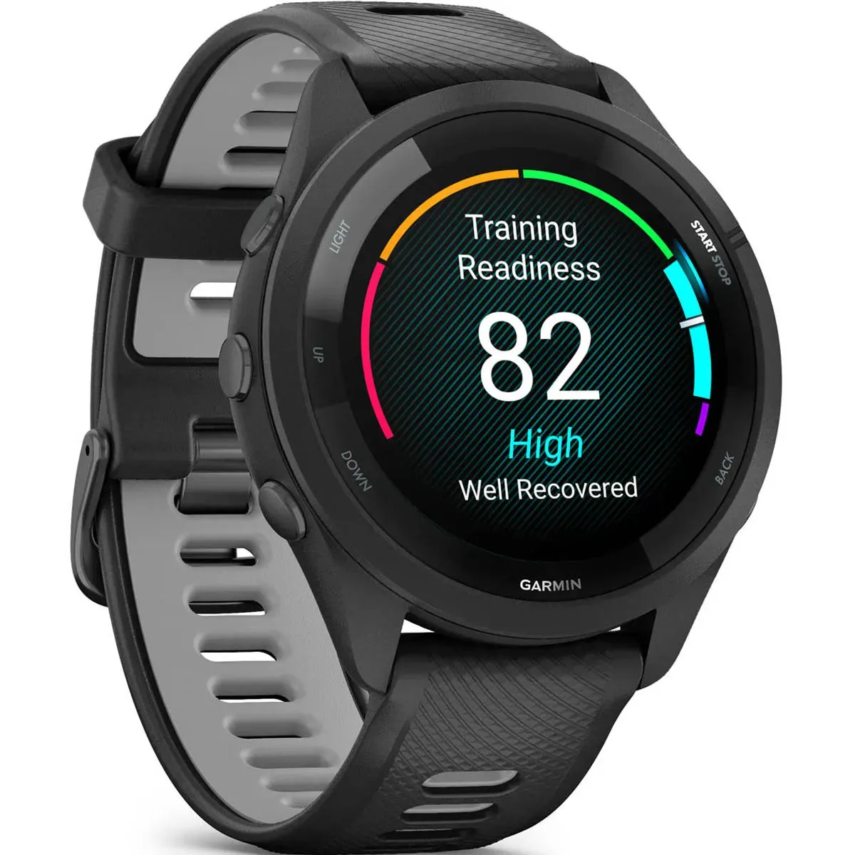 GARMIN Forerunner 265 – Smartwatch - Black Bezel and Case with Black/Powder Gray Silicone Band OPEN BOX