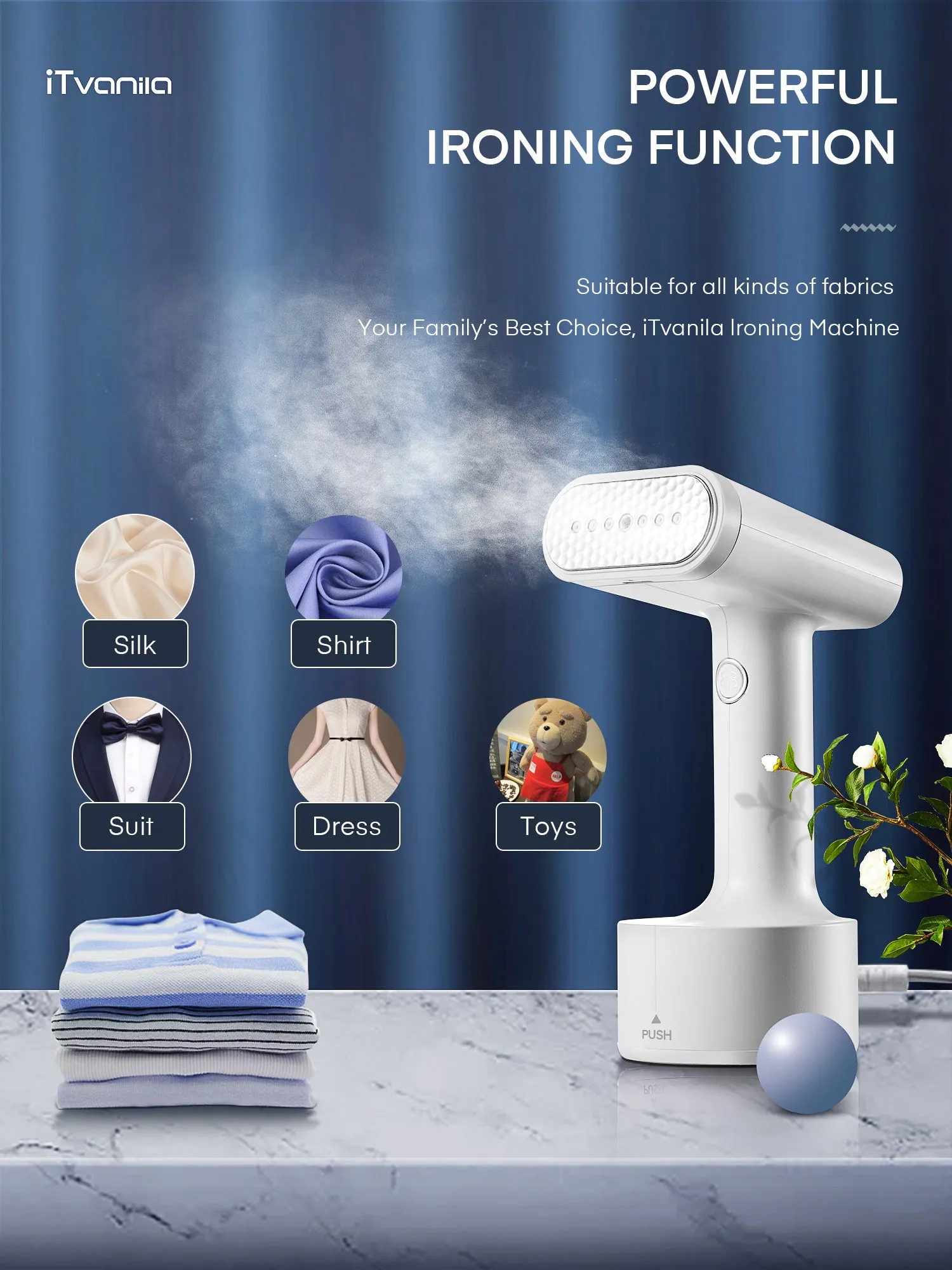iTvanila 7-in-1Garment Steamer, Handheld Fabric Steamer 15s Fast Heat-up, 1200W Powerful Portable Fabric Steam Iron for Home and Travel, White