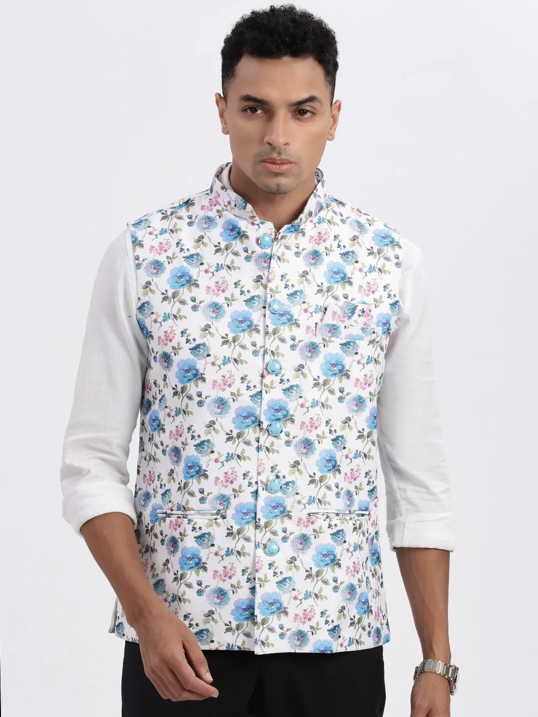 Men White Floral Printed Nehru Jackets