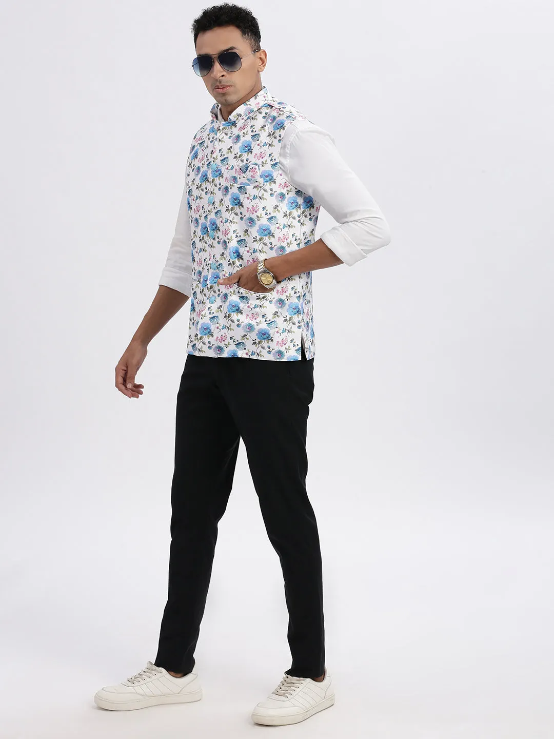 Men White Floral Printed Nehru Jackets