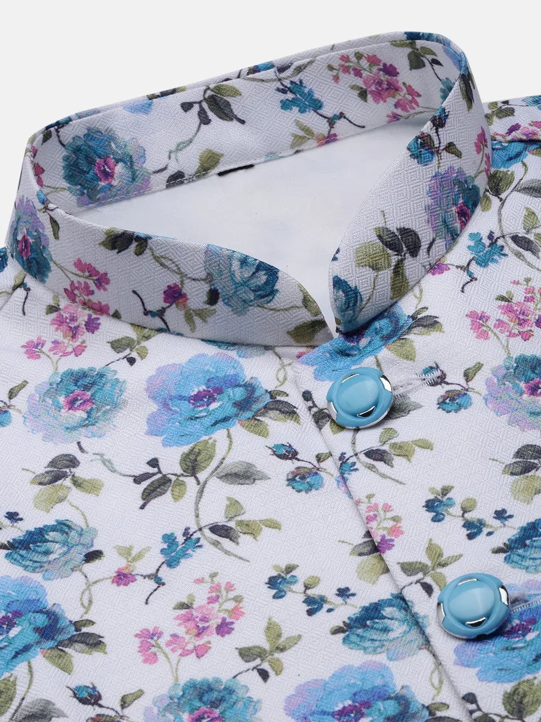 Men White Floral Printed Nehru Jackets