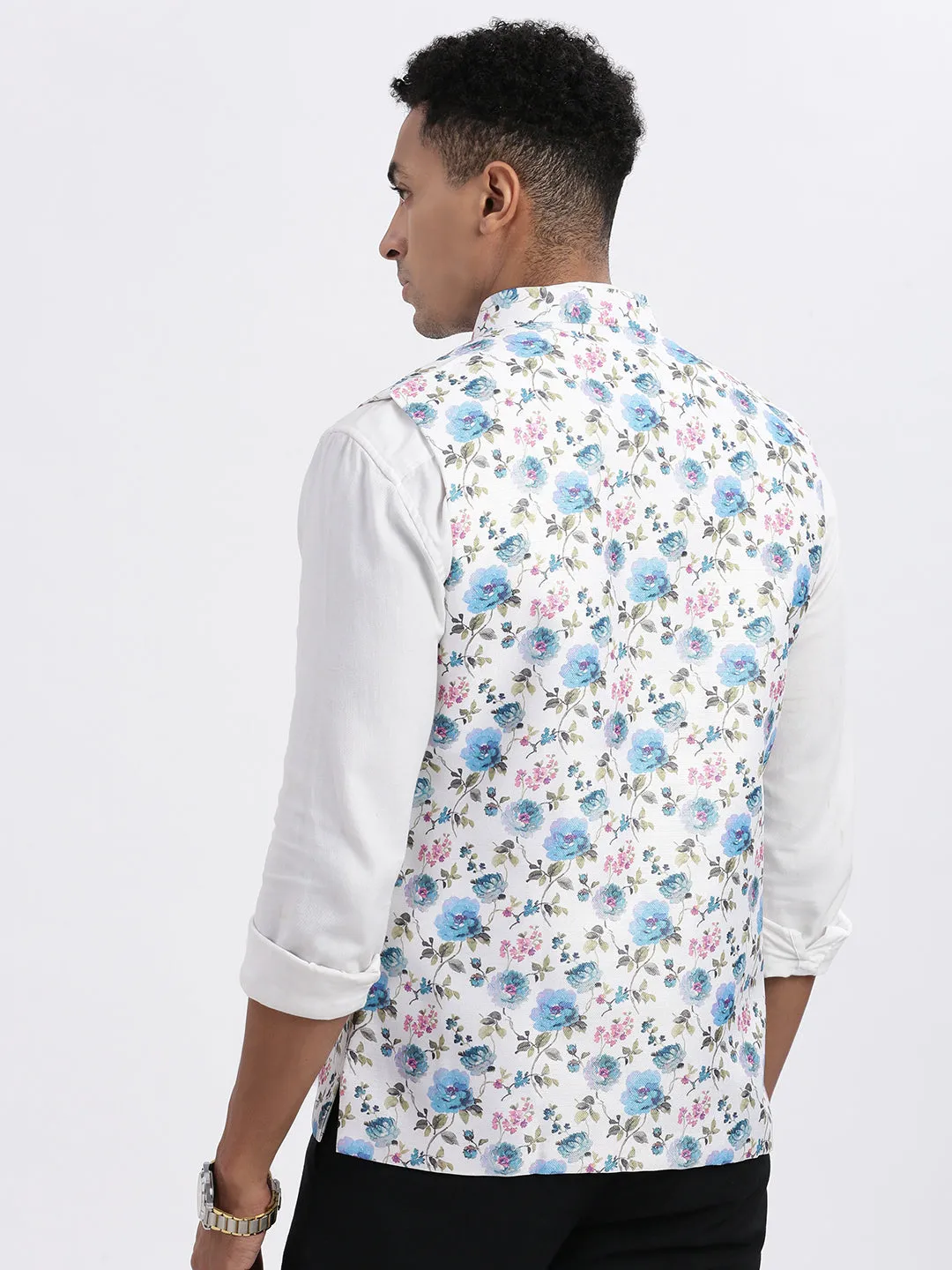 Men White Floral Printed Nehru Jackets
