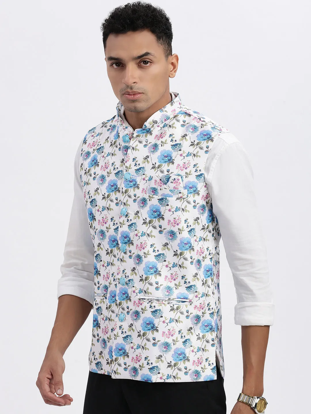 Men White Floral Printed Nehru Jackets