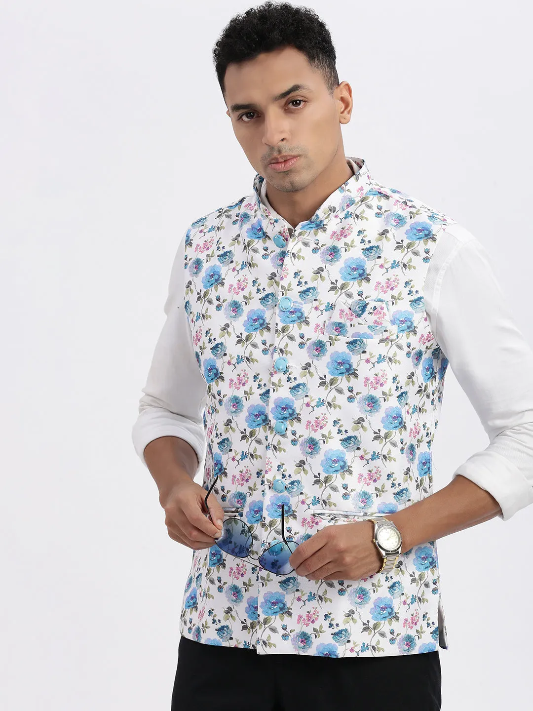 Men White Floral Printed Nehru Jackets