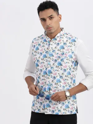 Men White Floral Printed Nehru Jackets