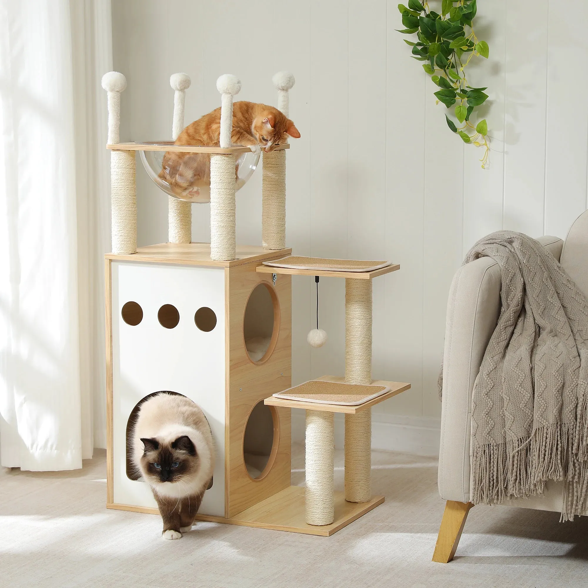 Modern Wooden Cat Tree Tower with 2-Floor Condo, Scratching Posts