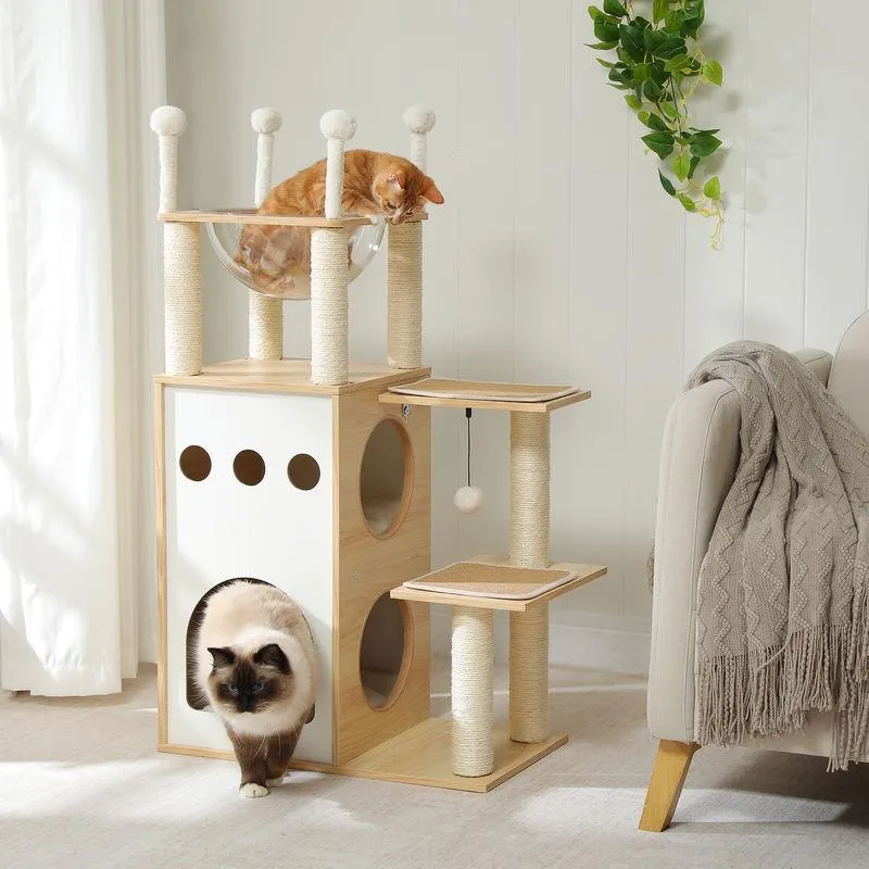 Modern Wooden Cat Tree Tower with 2-Floor Condo, Scratching Posts
