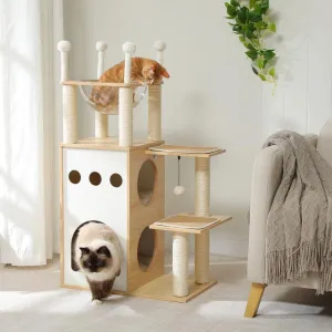 Modern Wooden Cat Tree Tower with 2-Floor Condo, Scratching Posts